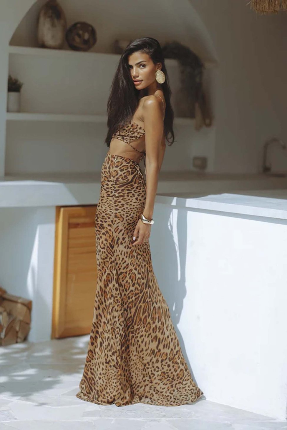 Leonora μακρύ φόρεμα με leopar print λεοπάρ